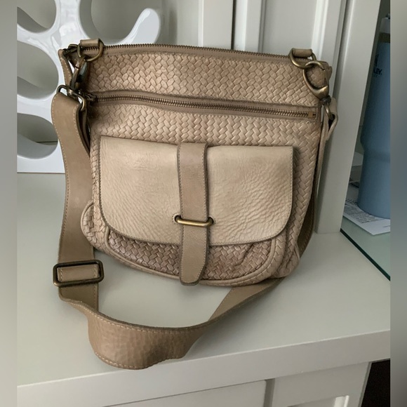 Roots Handbags - ROOTS Tribe Side Saddle Taupe Leather Woven Crossbody Purse Bag Made In Canada